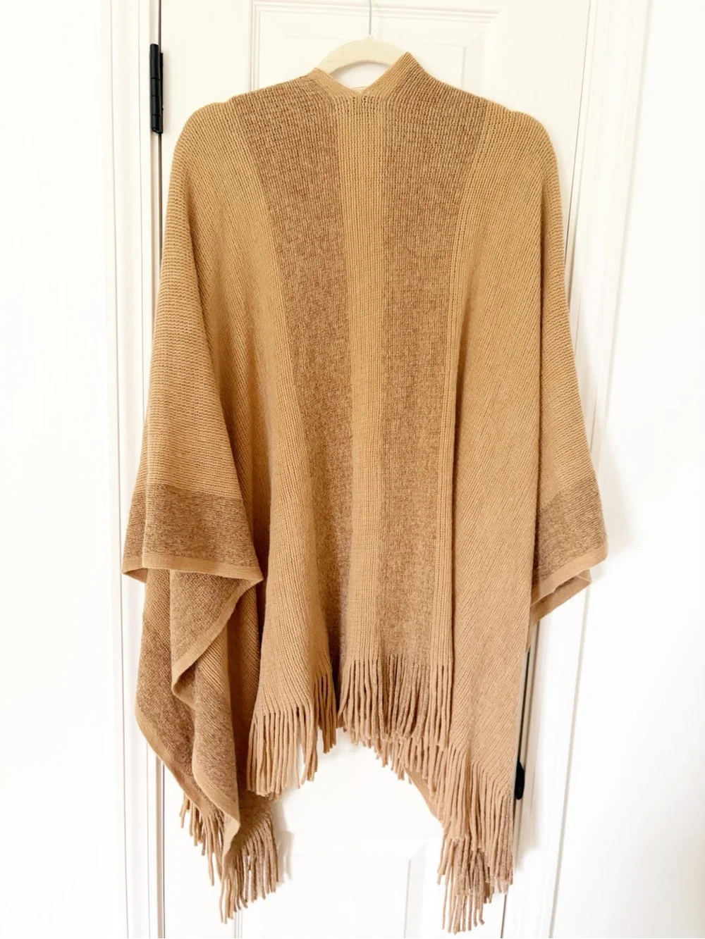 ZLYC Camel Fringe Knit Poncho Shawl Sweater w shimmer accent